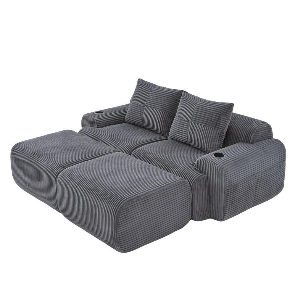 Redom MODULÁRNÍ pohovka z manšestru 200/174/80 cm se 2 taburety, držákem nápojů a boční kapsou, Tmavě šedá