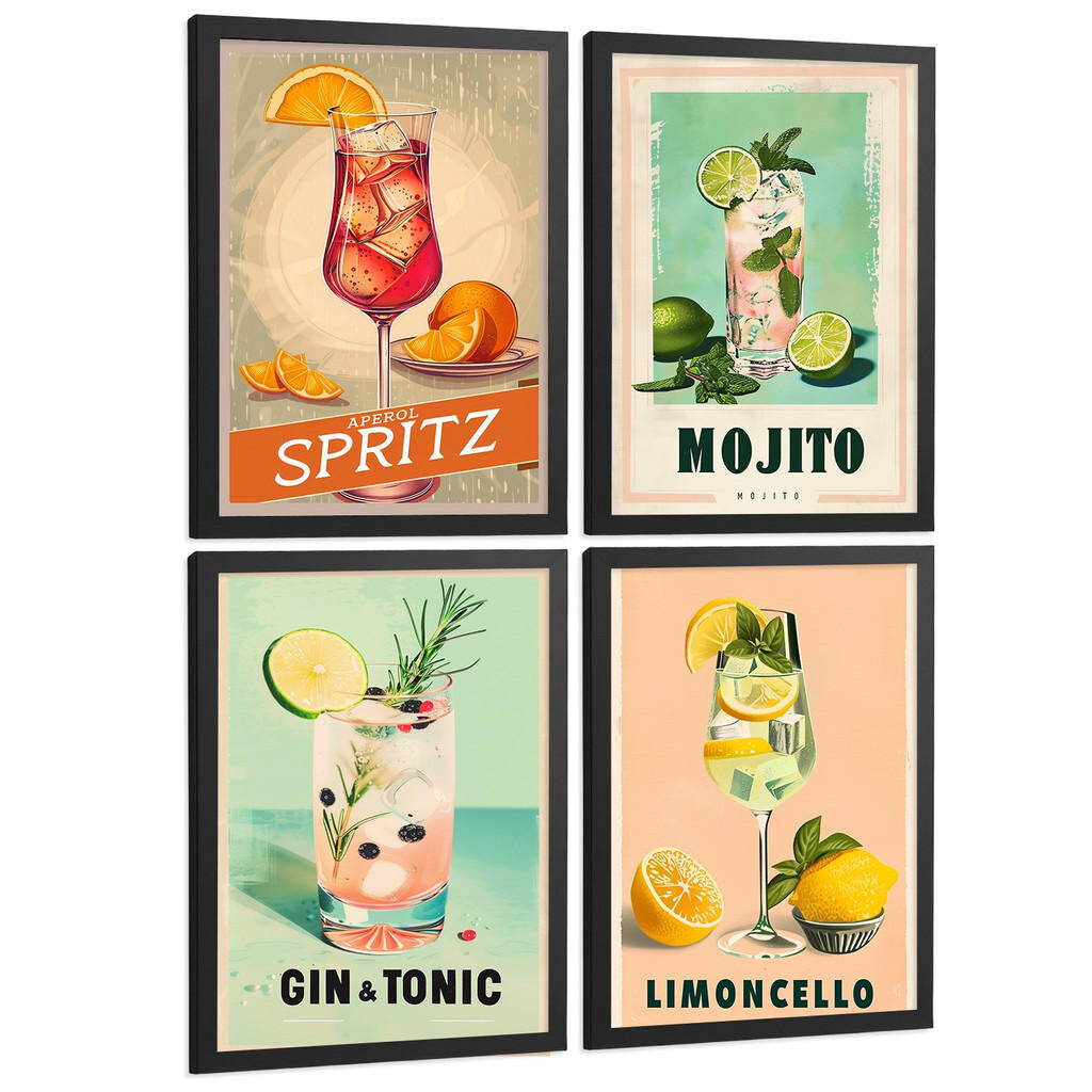 Nacnic PLAKAT Sada 4 Koktejlový nápoj A3 Černý rám