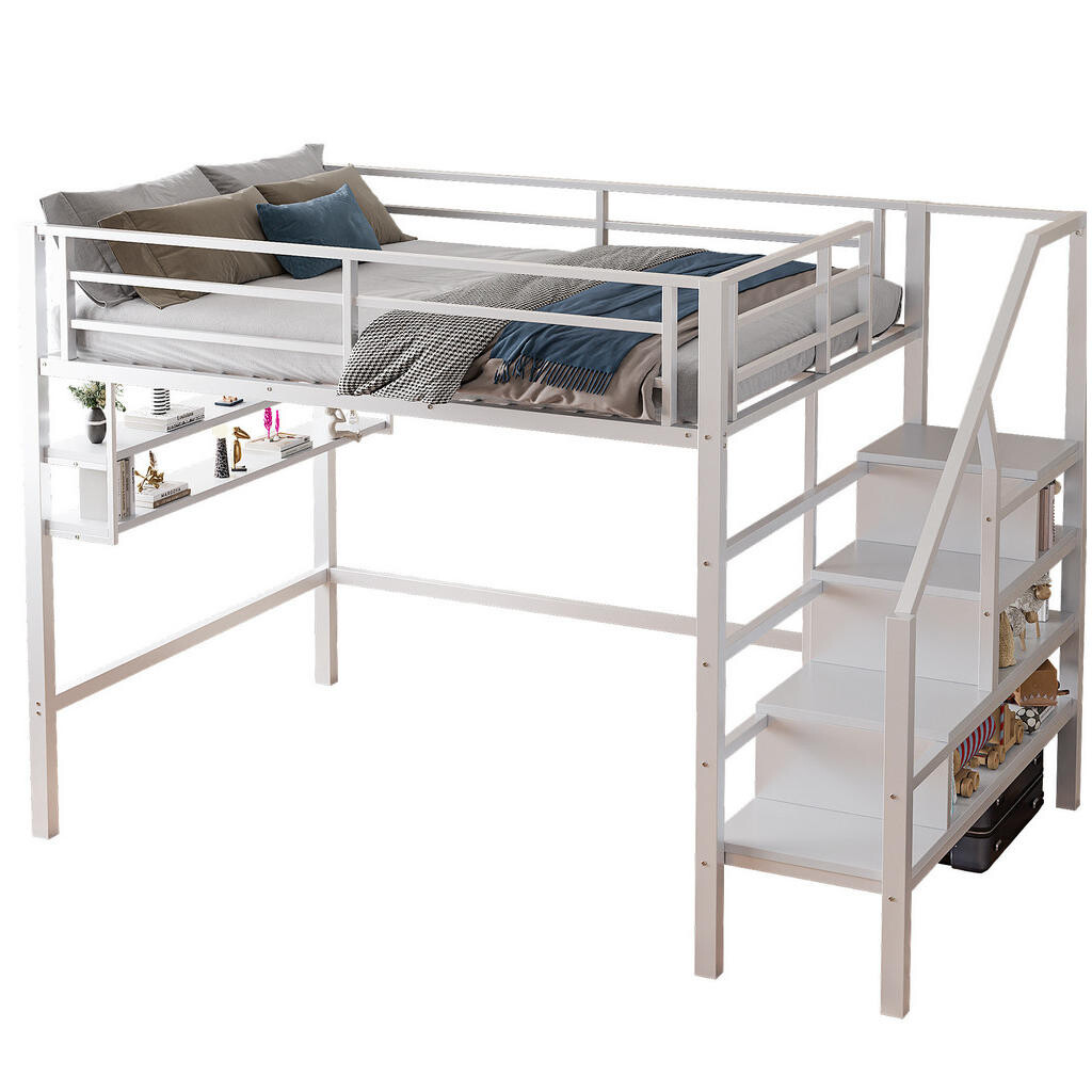OKWISH VYSOKÁ postel 140/200 cm bílá s policemi a úložným žebříkem z kovu a MDF