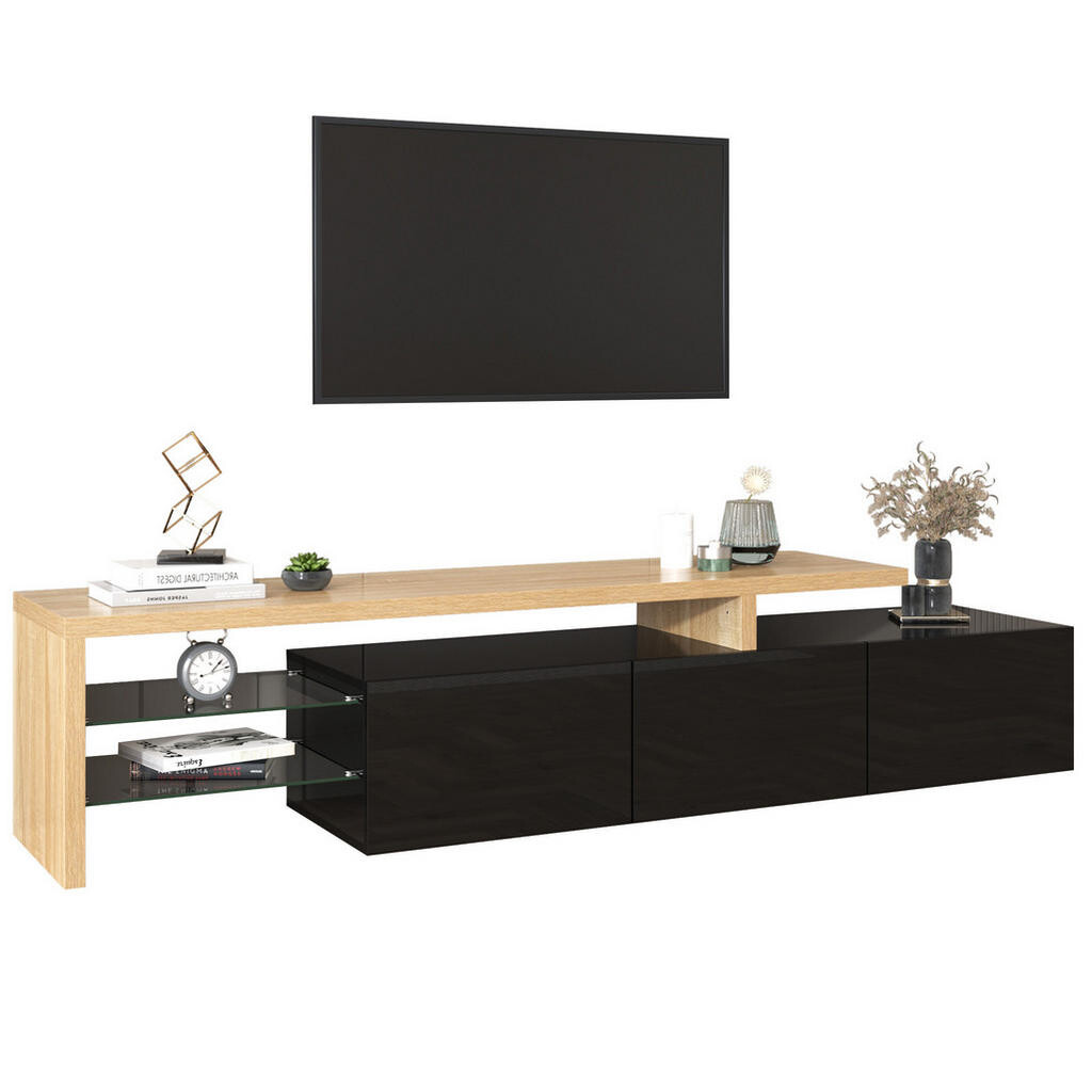 OKWISH TV stolek 197,5/39/42 cm černá a přírodní z MDF a skla s LED osvětlením