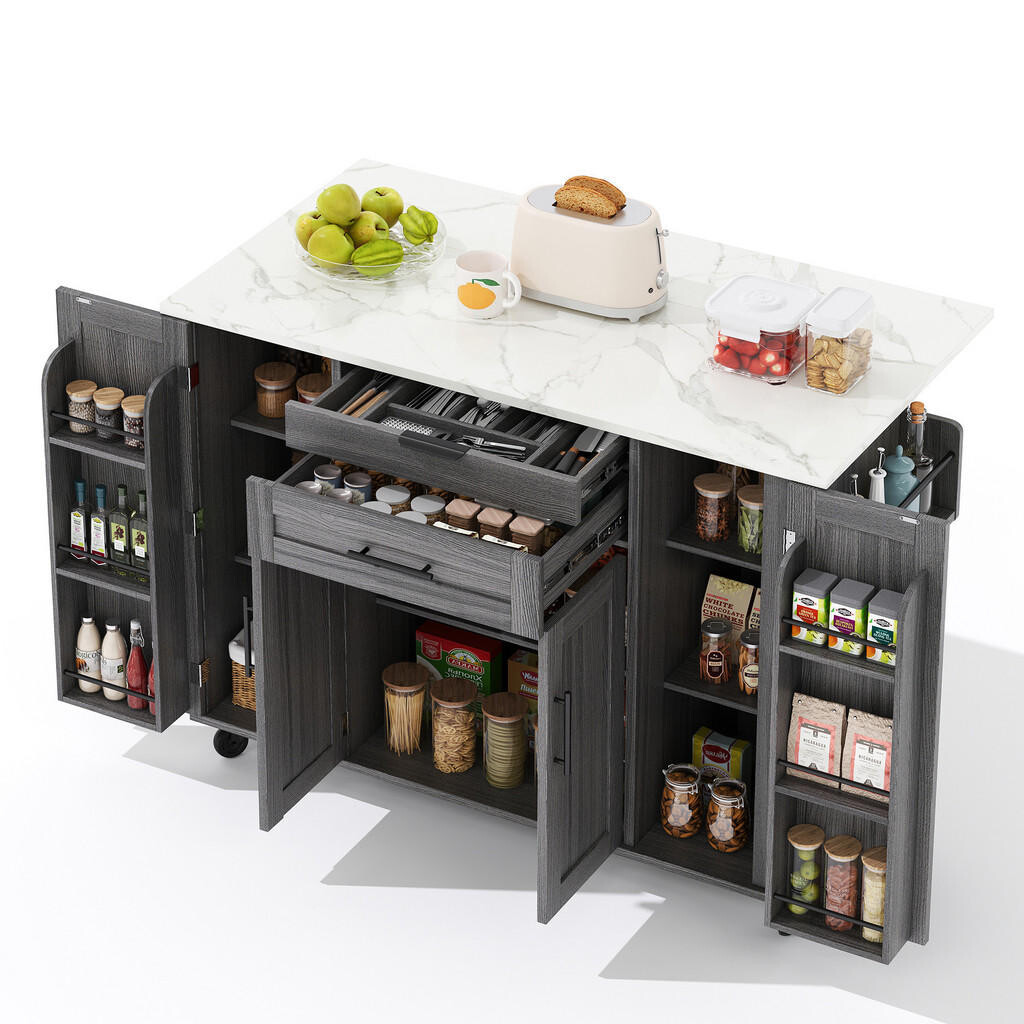 OKWISH POJÍZDNÝ kuchyňský ostrůvek 136/70/92 cm šedý z MDF s výsuvnou pracovní deskou a úložným prostorem