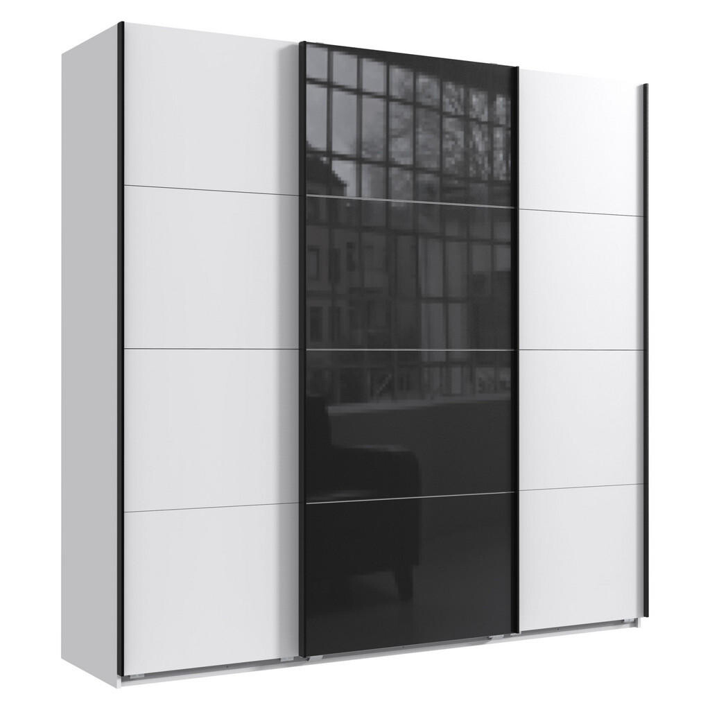 luma-home SKŘÍŇ S POSUVNÝMI DVEŘMI, 3dveřová, šířka 225 cm, výška 236 cm, hloubka 64 cm, extra vysoká, bílá, s jedněmi skleněnými dveřmi v černé barvě