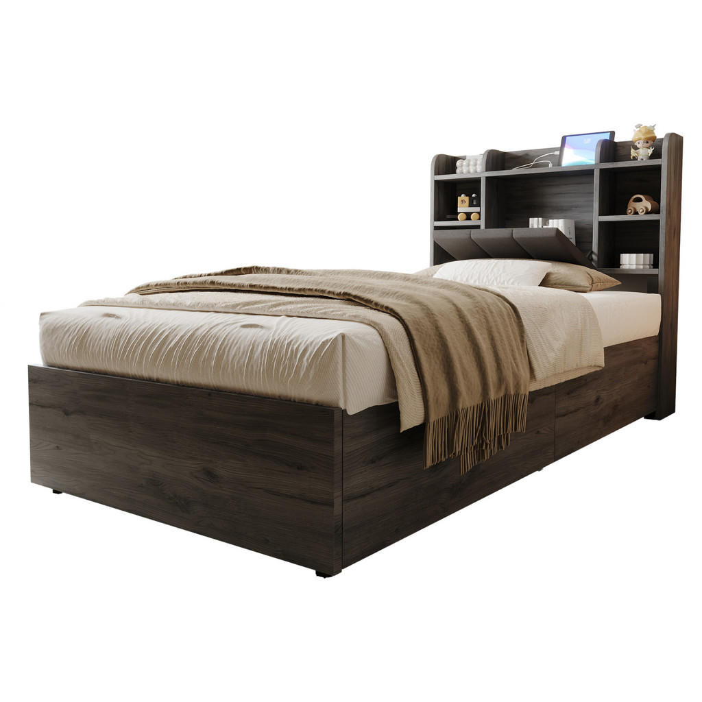 FLIEKS DŘEVĚNÁ POSTEL 90x200cm Úložná USB Šedá