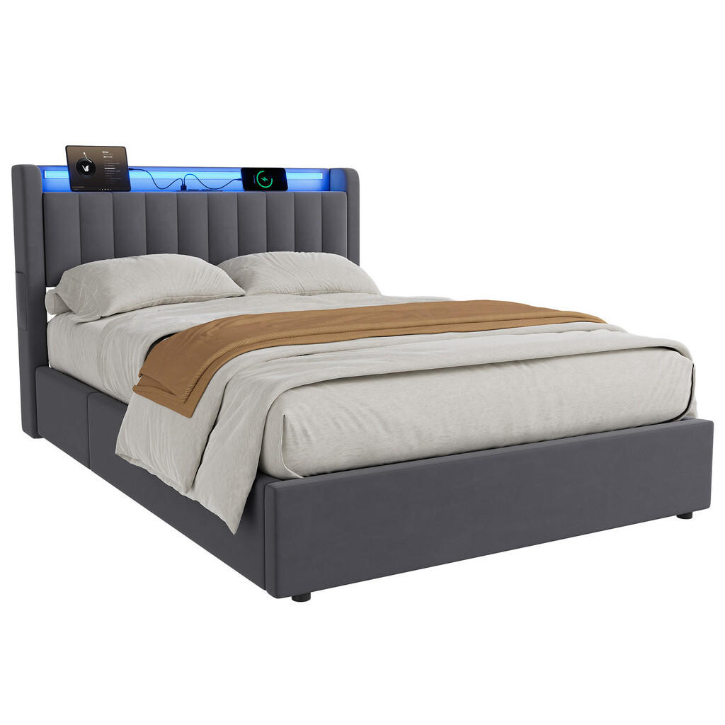 WISHDOR ČALOUNĚNÁ POSTEL 140/200 cm v šedé barvě, s matrací, úložným prostorem, USB a LED osvětlením