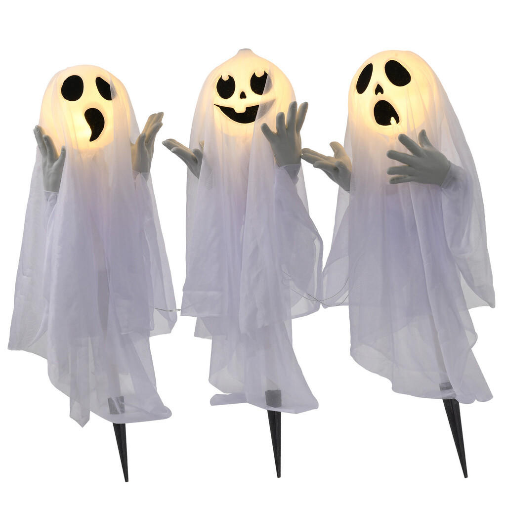 HOMCOM 3DÍLNÁ SADA halloweenské dekorace Halloweenské sloupky s duchy a LED světly