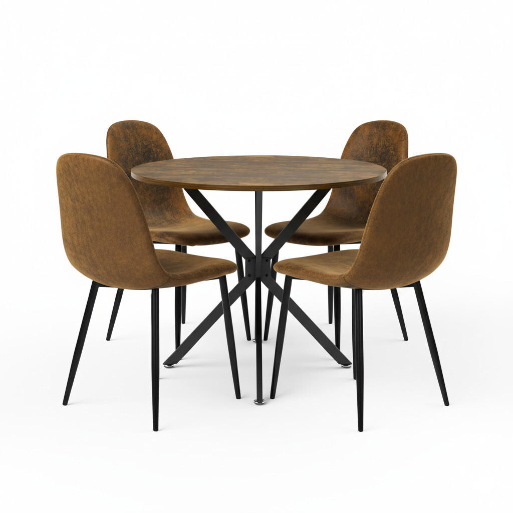 Urban Meuble JÍDELNÍ SET 5dílný Kulatý stůl Ø90 cm dekor dřeva a 4 židle vintage hnědé