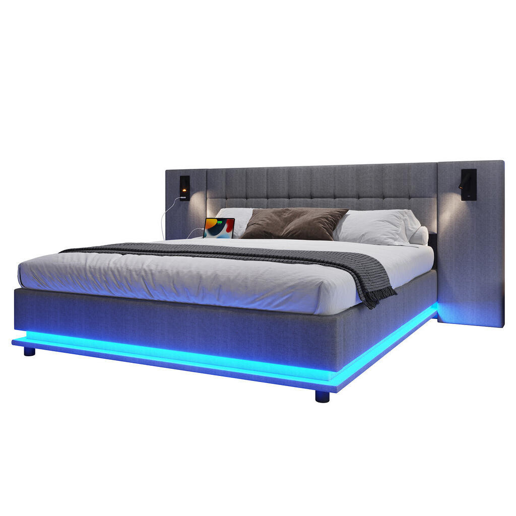 OKWISH ČALOUNĚNÁ postel 180/200 cm šedá z lnu s LED osvětlením USB a čelem se čtecím světlem