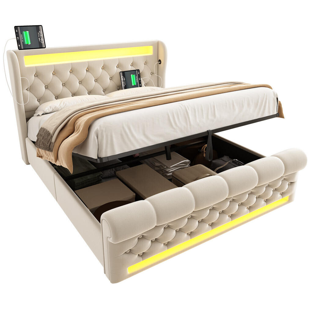 OKWISH ČALOUNĚNÁ postel 140/200 cm béžová ze sametu s LED osvětlením a úložným prostorem