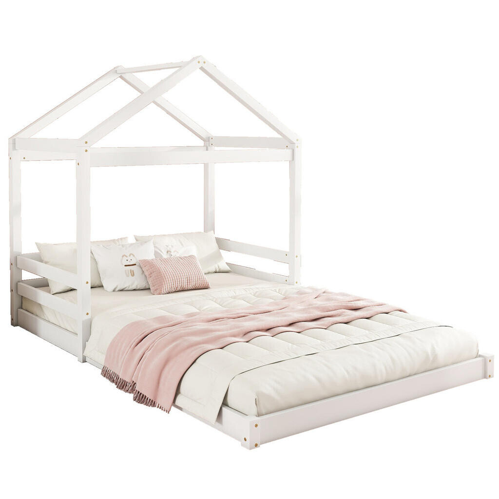 Redom POSTEL ve tvaru domku 140/200 cm s lamelovým roštem, borovicové dřevo a MDF, snadná montáž, Bílá