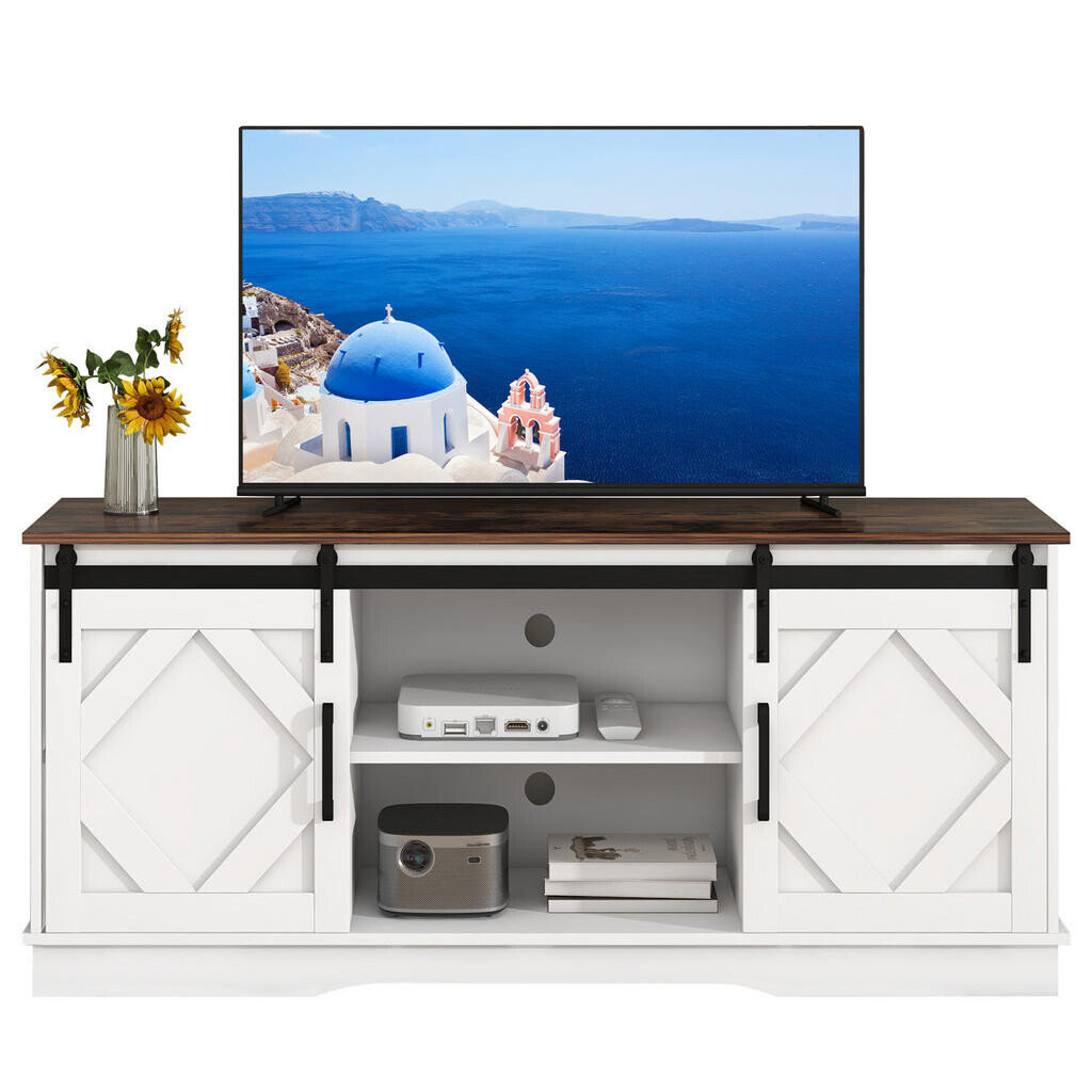 Redom TV stolek 150/40/60 cm s posuvnými dveřmi, nastavitelnými policemi a velkým úložným prostorem, Bílá/hnědá
