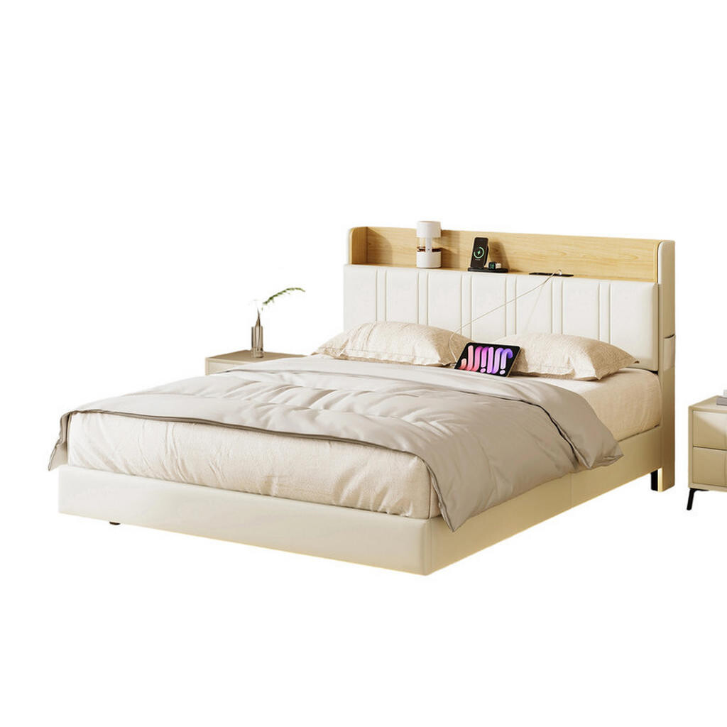 SHOPENTRA ČALOUNĚNÁ postel 160x200 cm bílá PU LED USB plovoucí postel