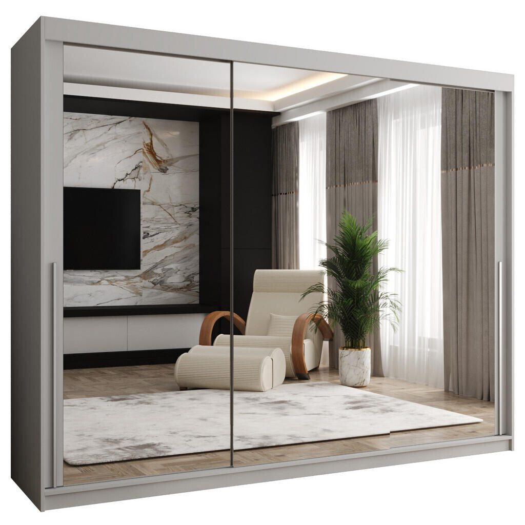 Home Collective ŠATNÍ SKŘÍŇ S POSUVNÝMI DVEŘMI se zrcadlem, šířka 250 cm, bílá se stříbrným madlem