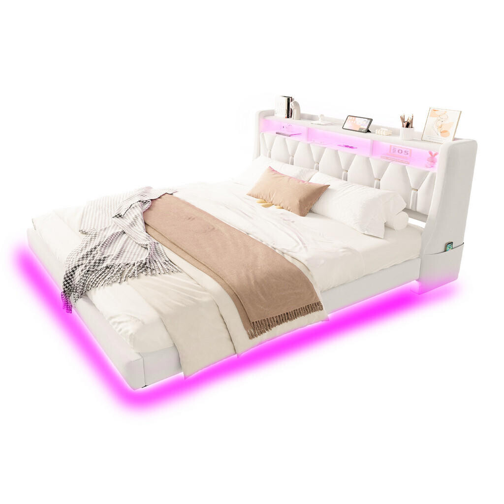 WISHDOR ČALOUNĚNÁ POSTEL 180 × 200 cm v béžovém sametu s LED osvětlením, USB, USB-C, policí a odkládací policí