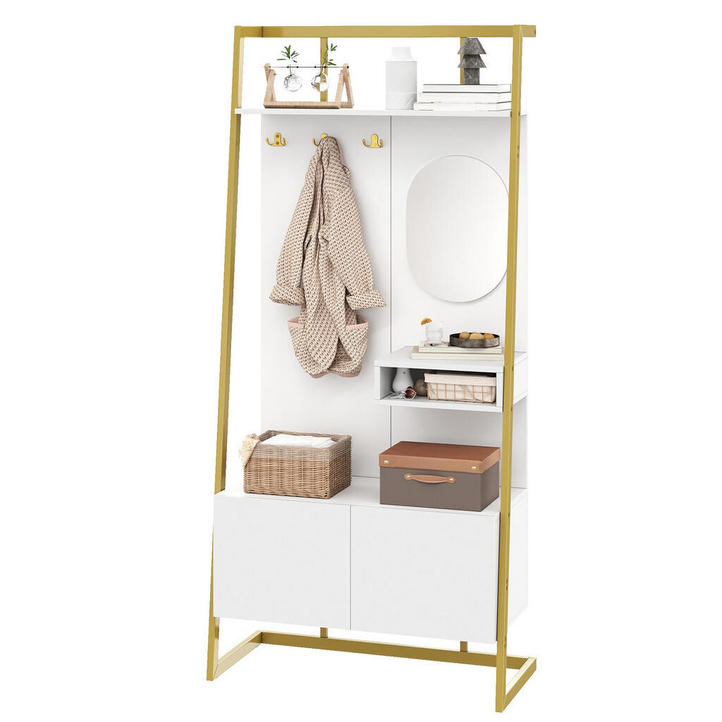 Redom PŘEDSÍŇOVÁ stěna 78/38,5/180,5 cm se zrcadlem, háčky, botníkem a úložným prostorem z MDF a kovu, Bílá