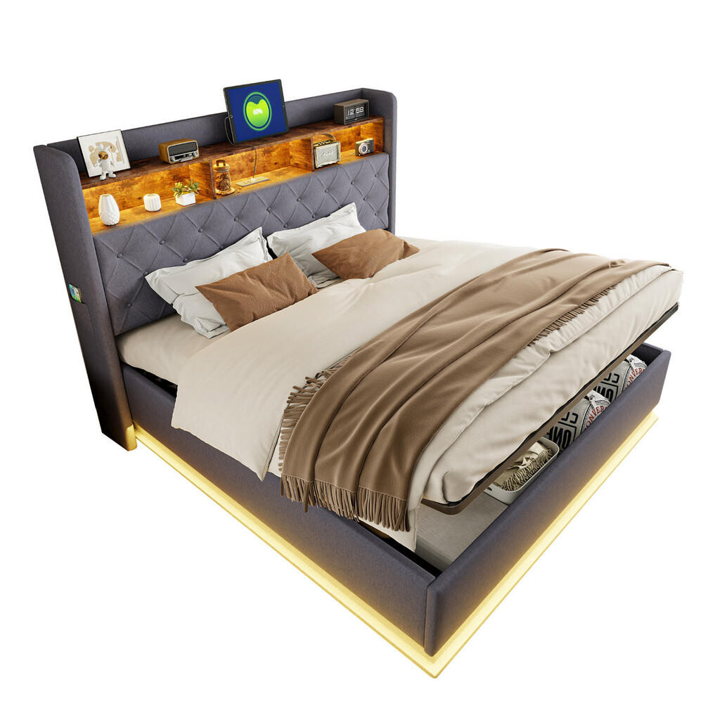 OKWISH ČALOUNĚNÁ postel 180/200 cm šedá z látky s LED osvětlením USB a hydraulickým úložným prostorem