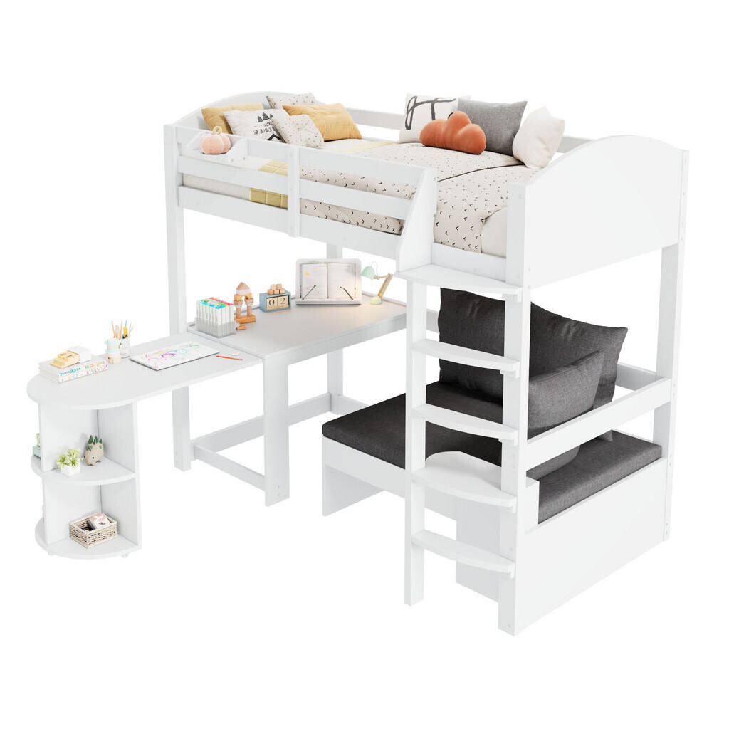 Redom VYSOKÁ postel 90/200 cm s výsuvným stolem, úložným sofa, policemi a bezpečnostními zábranami, Bílá