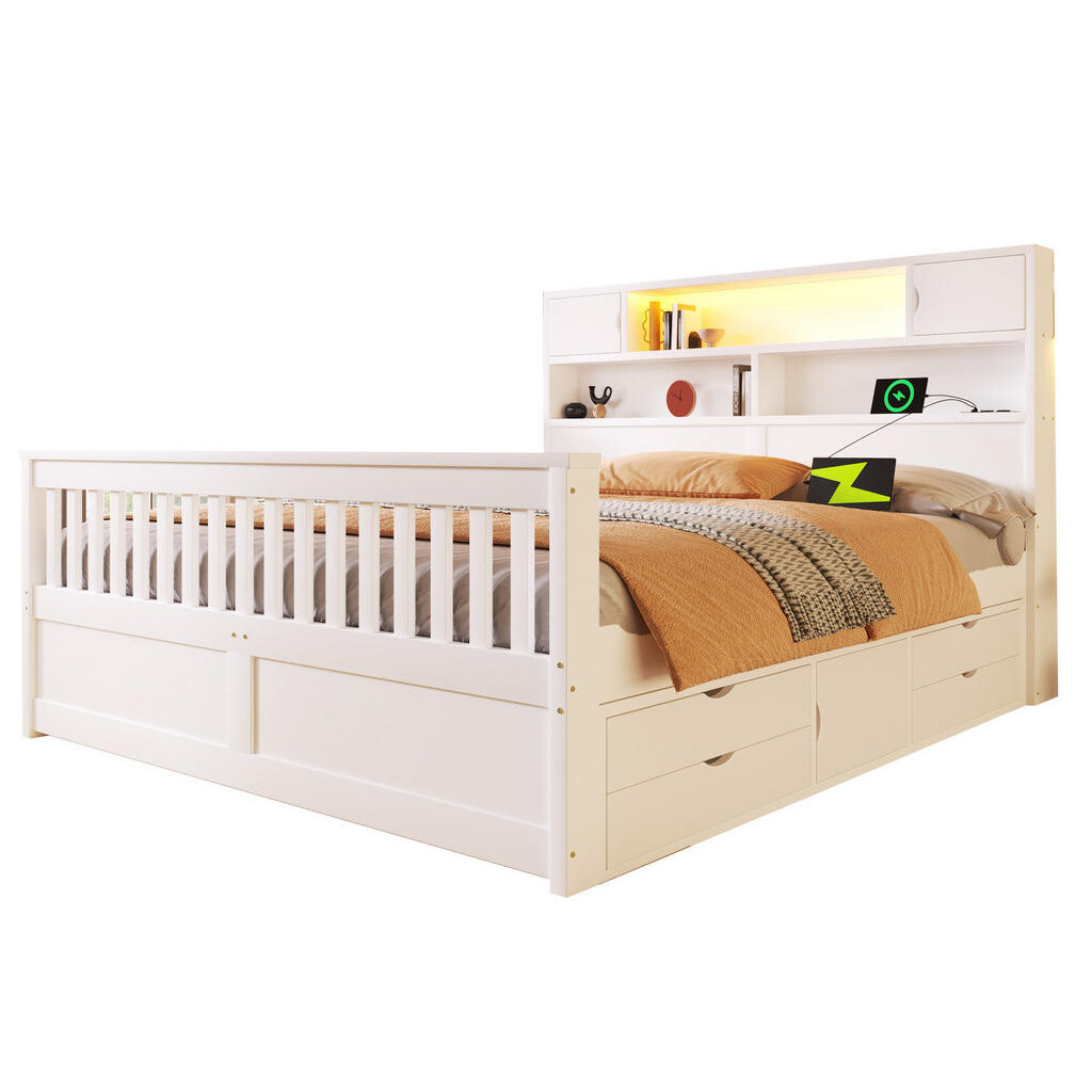 Redom POSTEL 160/200 cm s LED osvětlením, úložnými zásuvkami a policemi, MDF a překližka, bílá