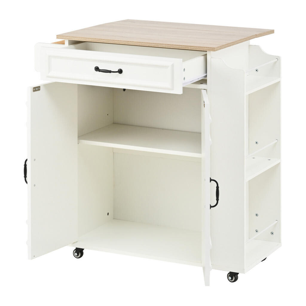 Redom KUCHYŇSKÝ ostrůvek 66/40(60)/90 cm s výklopnou pracovní deskou, zásuvkou, skříňkou a kolečky, Bílá