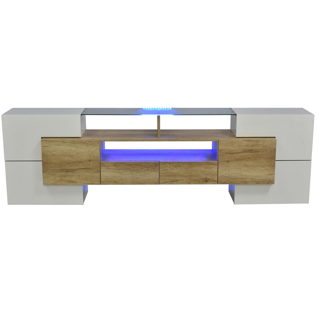 OKWISH TV stolek 200/35/60 cm bílá a přírodní z MDF s LED osvětlením a úložným prostorem