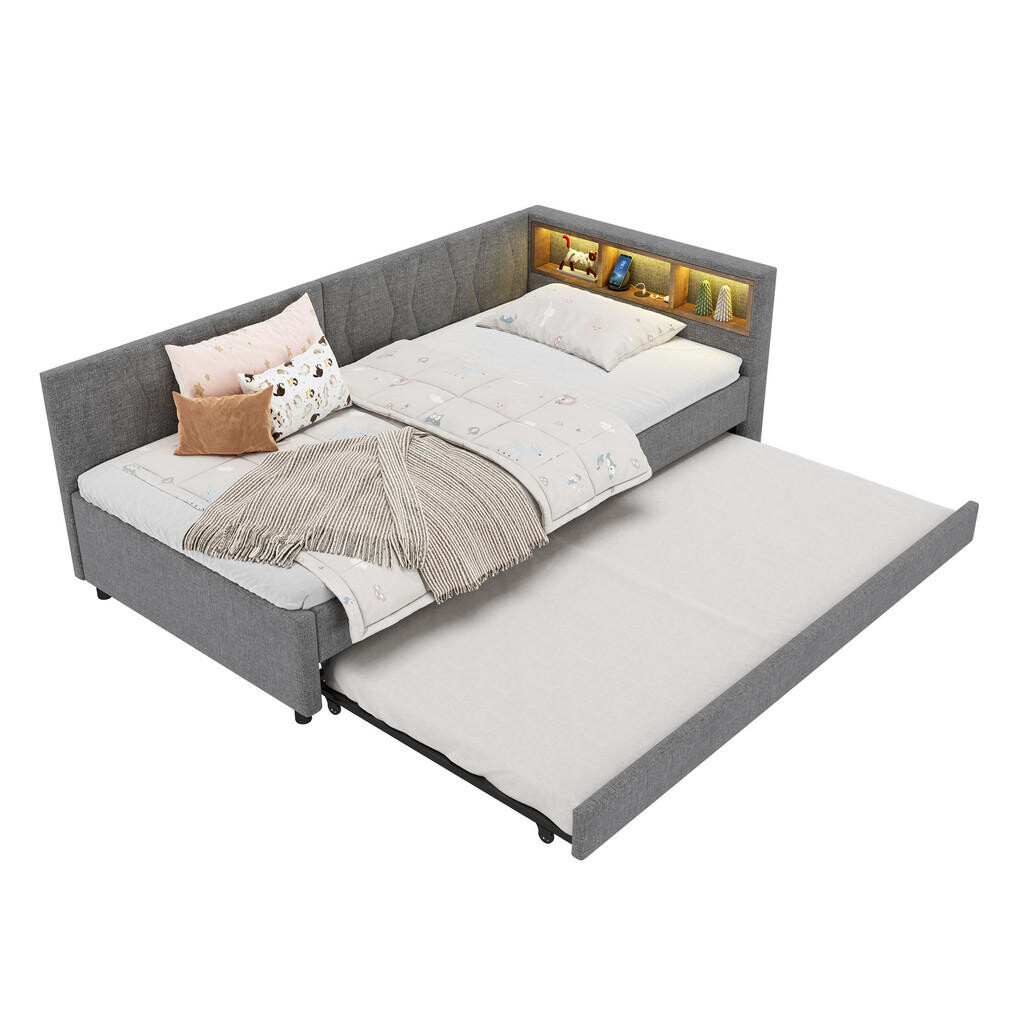 FLIEKS DENNÍ POSTEL 90x200cm Len USB-C LED Rozkládací Šedá