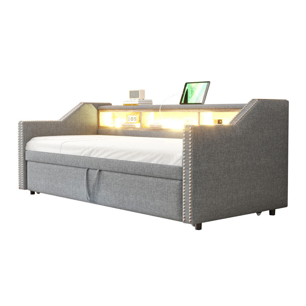 WISHDOR ROZKLÁDACÍ POHOVKA 90 × 190 cm / 180 × 190 cm ve světle šedém lnu s výsuvným lůžkem, LED osvětlením a USB