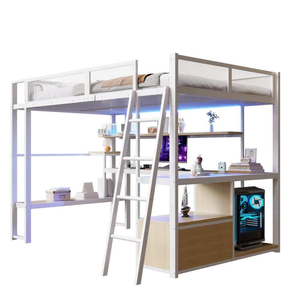 OKWISH PATROVÁ postel 140/200 cm bílá z kovu/MDF s psacím stolem a LED osvětlením