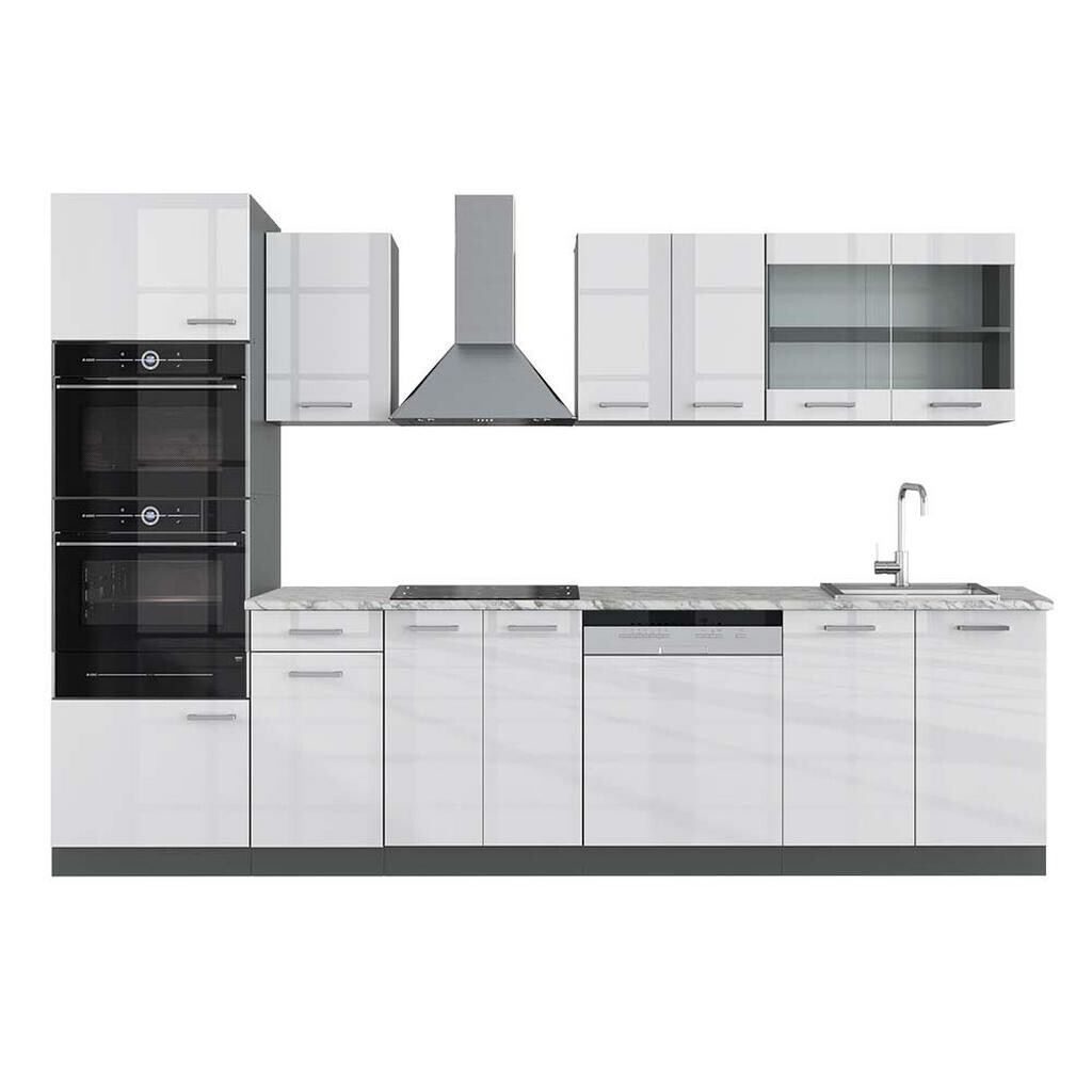 Vicco KUCHYŇSKÝ KOUT R-Line Bílá vysoký lesk 300 cm s vysokou skříní, PD Mramor