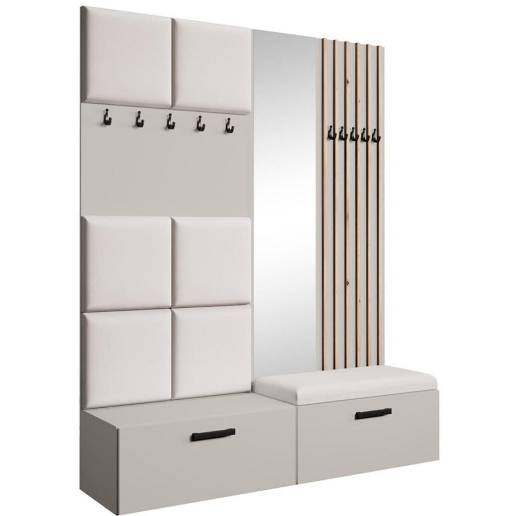 Beautysofa PŘEDSÍŇOVÁ sestava Margaret I+II 162/203/43 s čalouněnými panely / lamelami / zrcadlem, kašmírová|dub artisan
