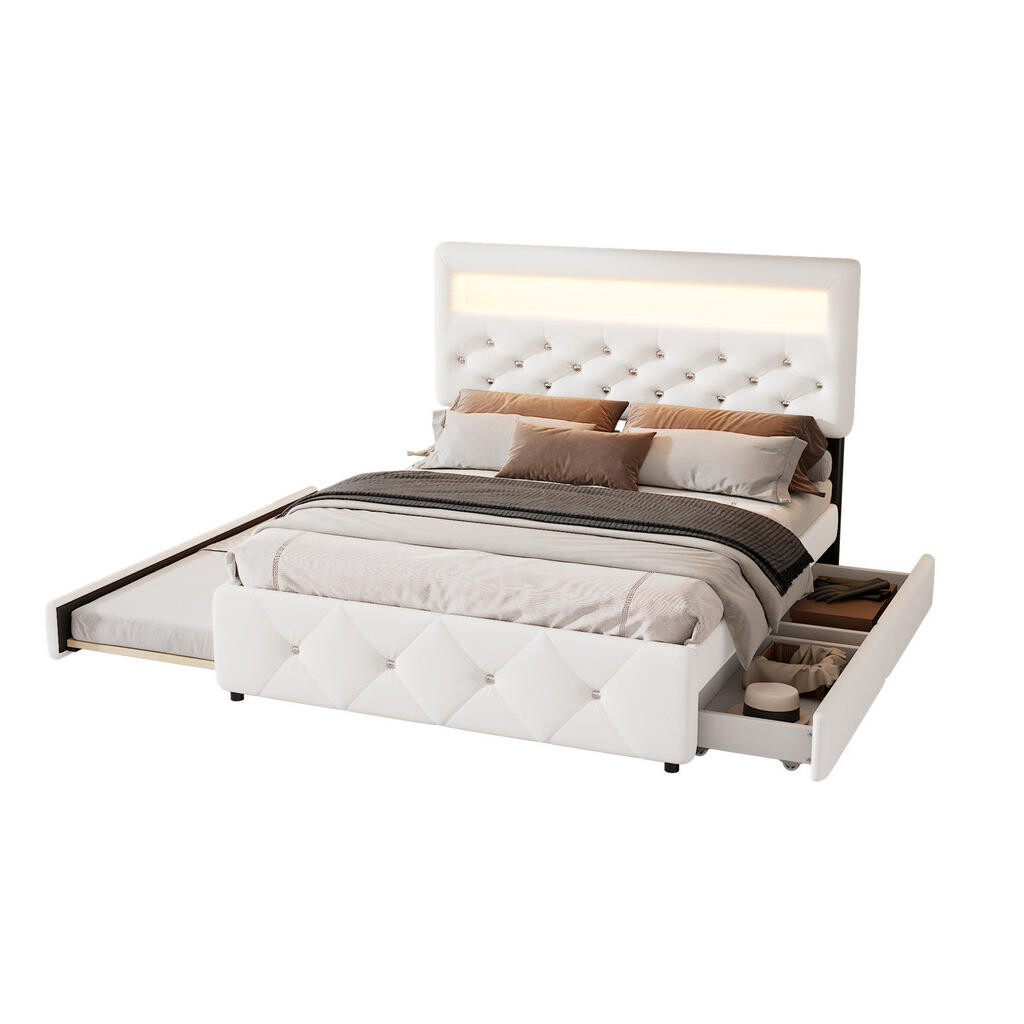OKWISH ČALOUNĚNÁ postel 140/200 cm bílá z lnu a MDF s výsuvným lůžkem 90/191 cm a 2 zásuvkami