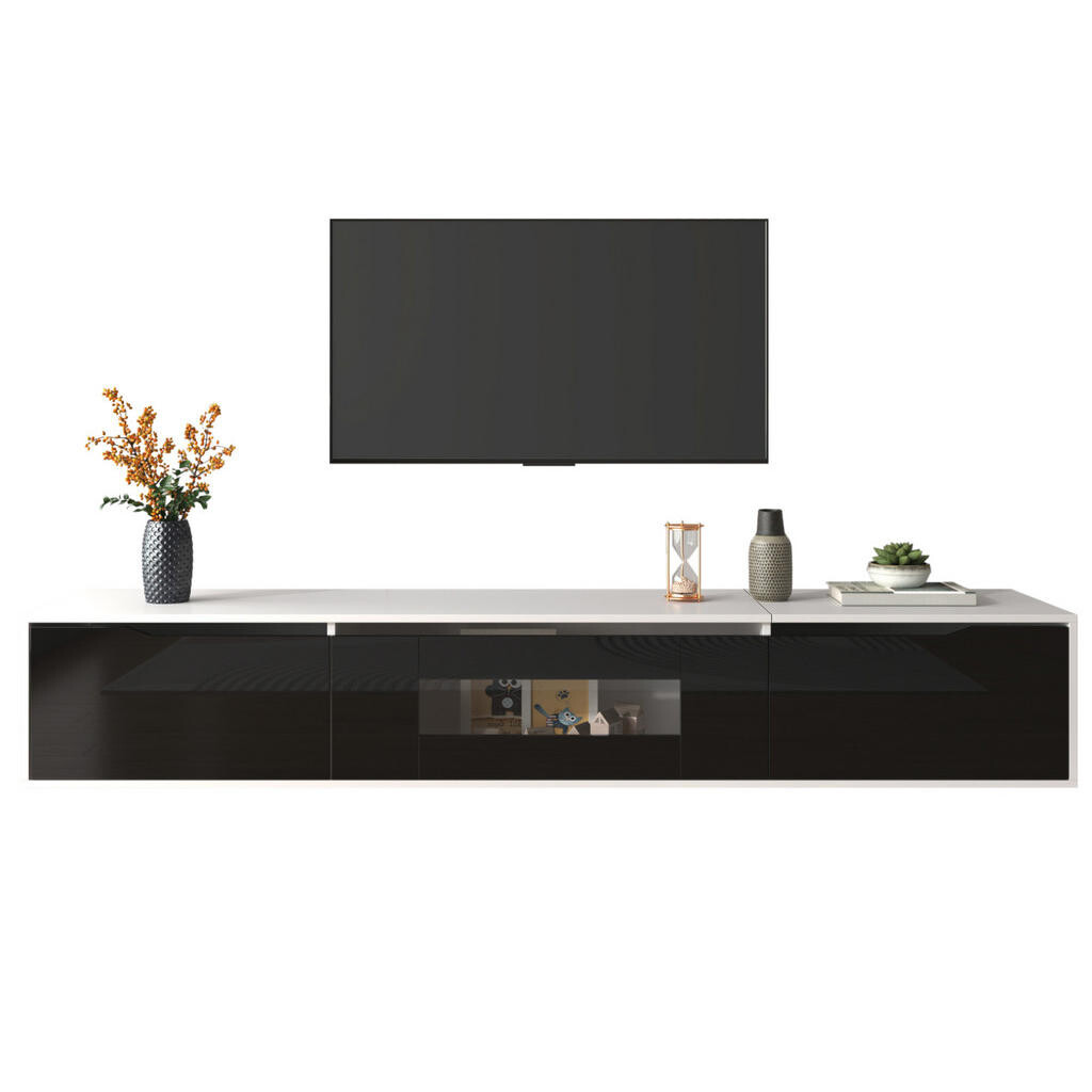 Redom TV stolek 180/35/30 cm s LED osvětlením, vysoký lesk a drážkovanými dvířky, Bílá