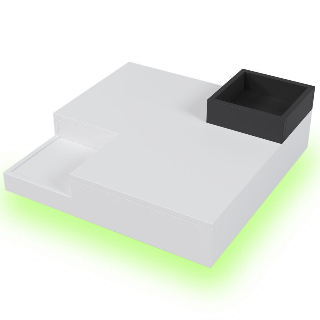 Redom KONFERENČNÍ stolek 72/72/30 cm s LED osvětlením a odnímatelnou úložnou boxem, lesklý povrch, Bílá a černá