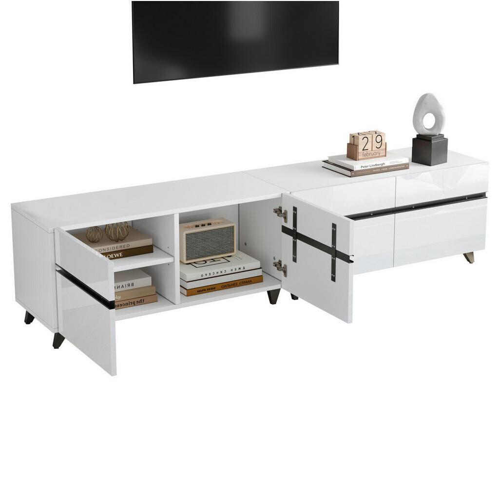 Redom TV stolek 180/40/49 cm s vysokým leskem, 4 skříňkami, nastavitelnými přepážkami a 8 nohami, Bílá