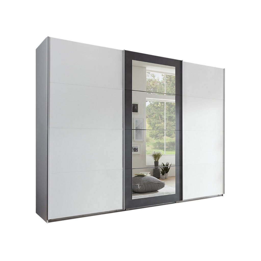 luma-home SKŘÍŇ S POSUVNÝMI DVEŘMI, 3dveřová, šířka 270 cm, výška 208 cm, hloubka 65 cm, v bílé barvě s akcenty v šedém provedení imitujícím ocel / 22