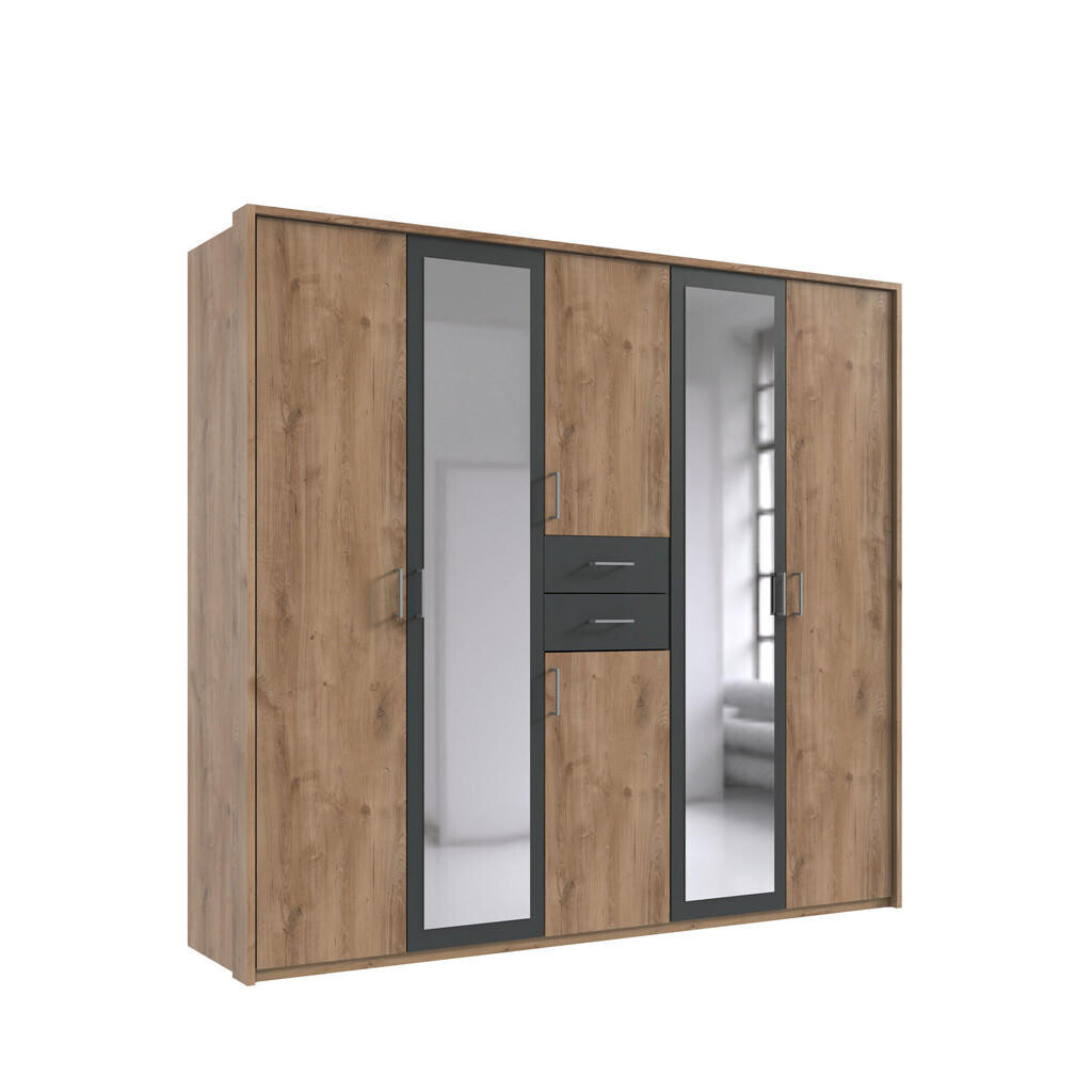 luma-home SKŘÍŇ S OTOČNÝMI DVEŘMI, 228 × 58 × 210 cm (Š×H×V), pasparta, zásuvky, 2 zrcadlové dveře, dekor dubu/grafitová / 22600