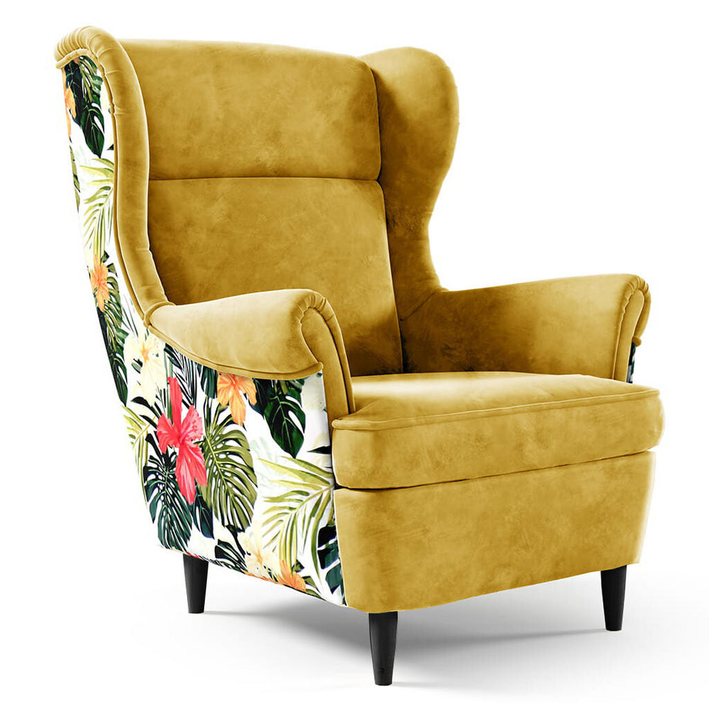 Beautysofa KŘESLO ušák Havana ve skandinávském stylu, žlutá, s nohami v barvě wenge