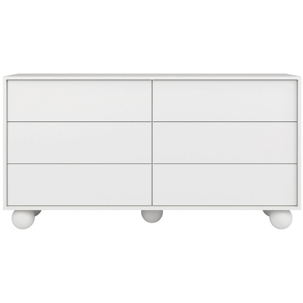 Beautysofa KOMODA Adel se 6 zásuvkami a kulatými nožkami, 154 cm, bezúchytková, bílá