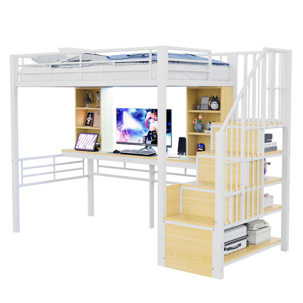 OKWISH PATROVÁ postel 90/200 cm bílá z MDF, kovu a překližky s pracovní deskou a LED osvětlením