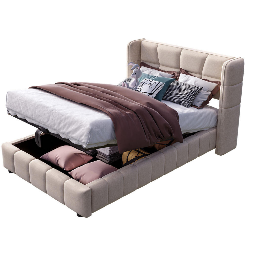 OKWISH POLOHOVACÍ postel 90/200 cm béžová z látky s úložným prostorem a čalouněným čelem