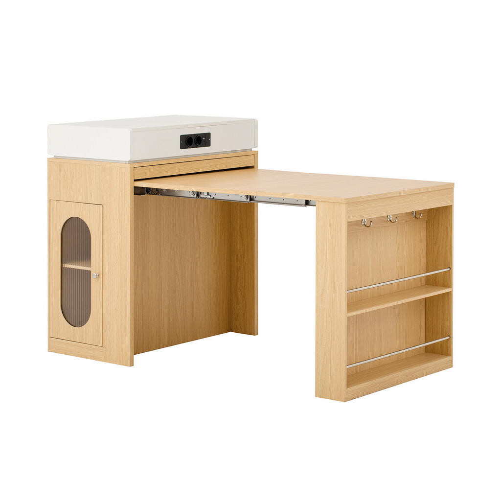 OKWISH KUCHYŇSKÝ ostrůvek 83/46-146,5/96 cm přírodní z MDF a skla s výsuvnou deskou a zásuvkami