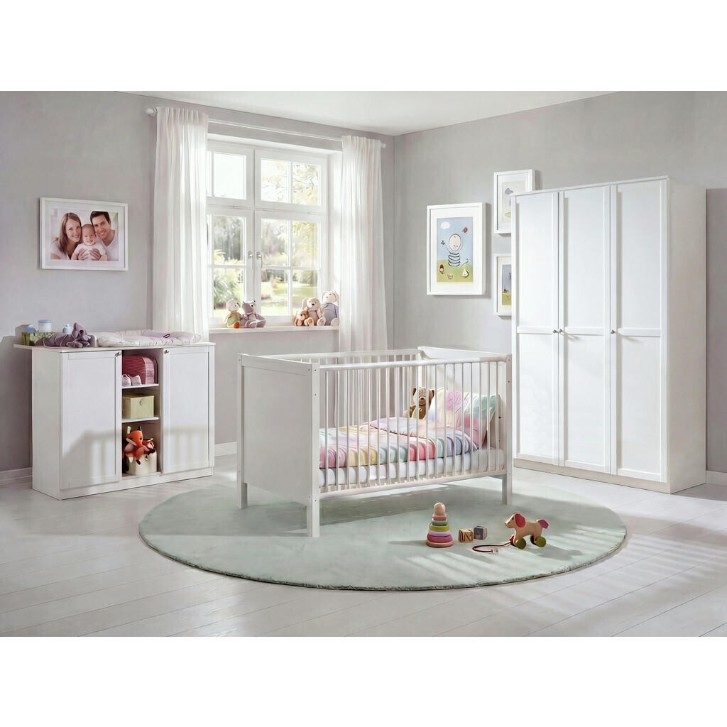 luma-home 3DÍLNÁ SADA do dětského pokoje: dětská postýlka, přebalovací komoda a třídveřová skříň, Š135/V198/H58 cm, systém Soft-Close, bílá / 22803