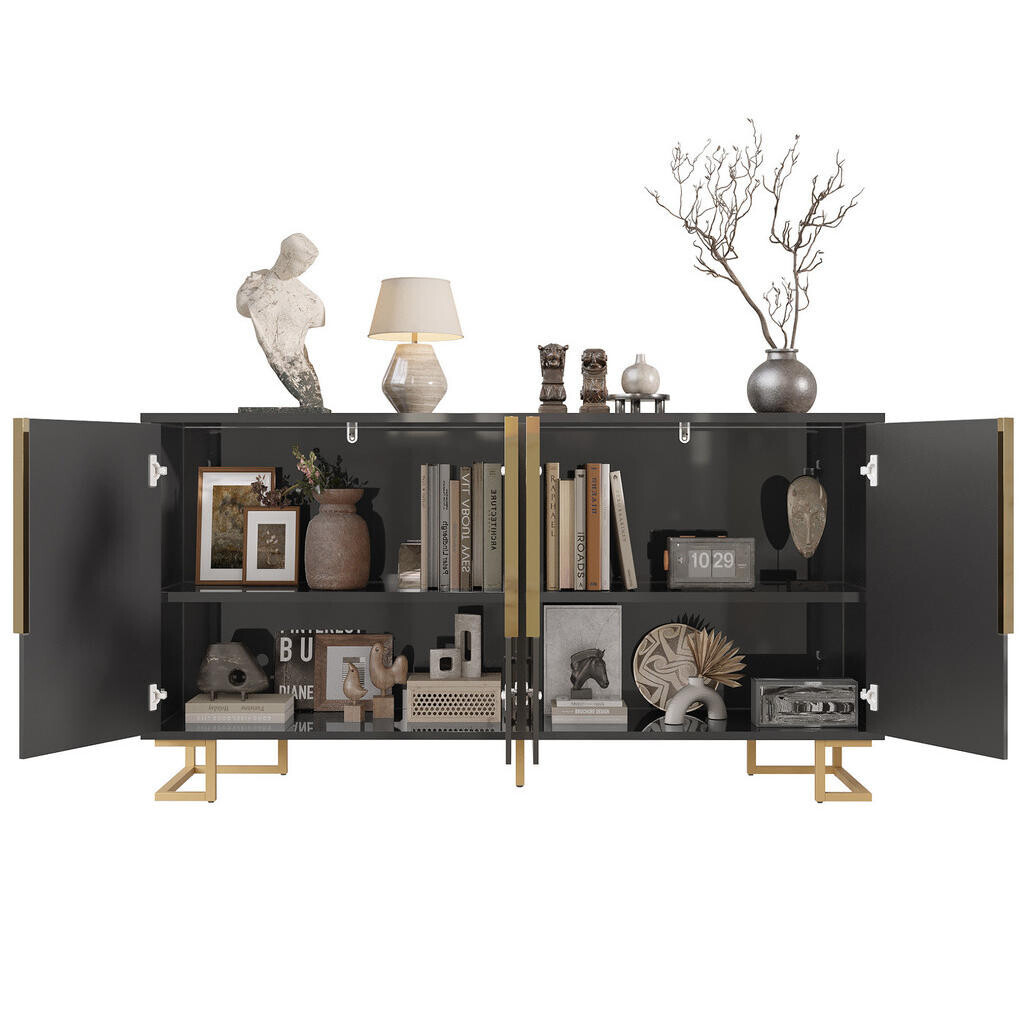 OKWISH BOČNÍ skříň 152/40/75 cm černá z MDF s geometrickými dvířky a zlatými detaily
