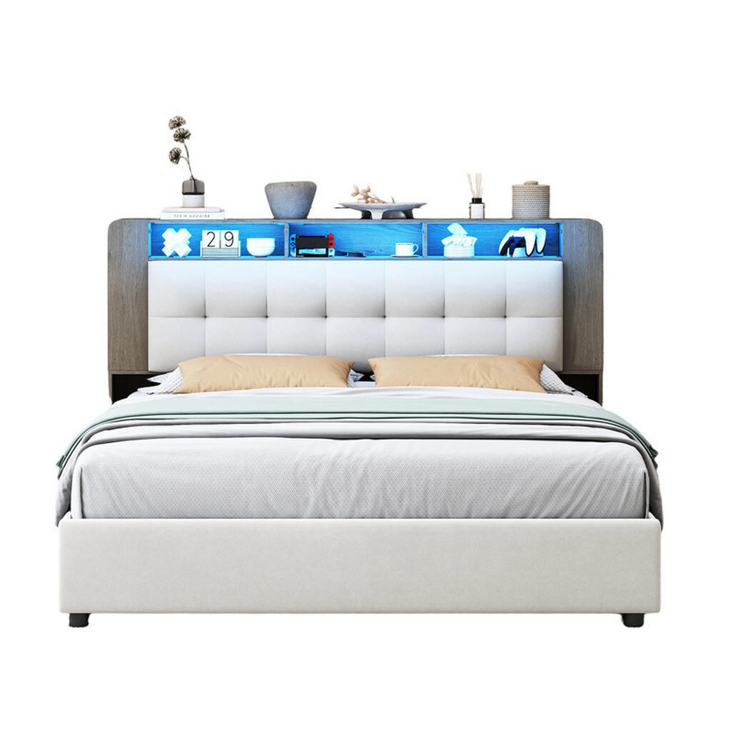 SHOPENTRA ČALOUNĚNÁ postel 160x200 cm béžová LED čelo s USB úložným prostorem