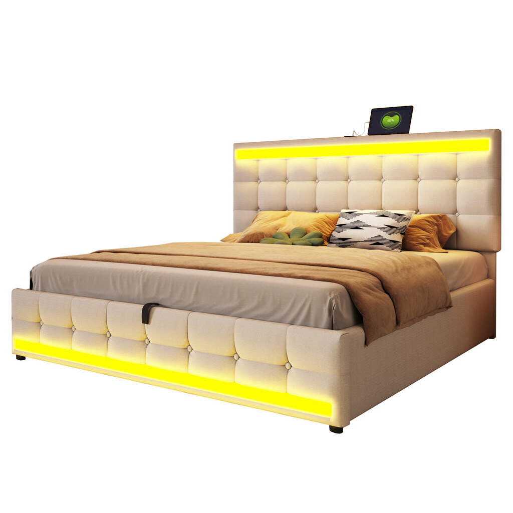 WISHDOR ČALOUNĚNÁ POSTEL 180x200 cm béžová s lněným vzhledem, LED osvětlením a USB portem