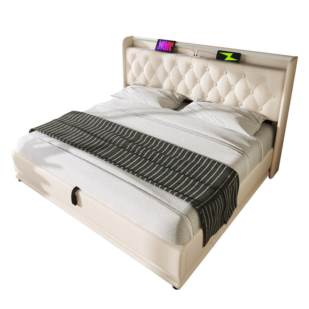 WISHDOR ČALOUNĚNÁ POSTEL 160 × 200 cm v bílé barvě s úložným prostorem, LED osvětlením a USB/USB-C