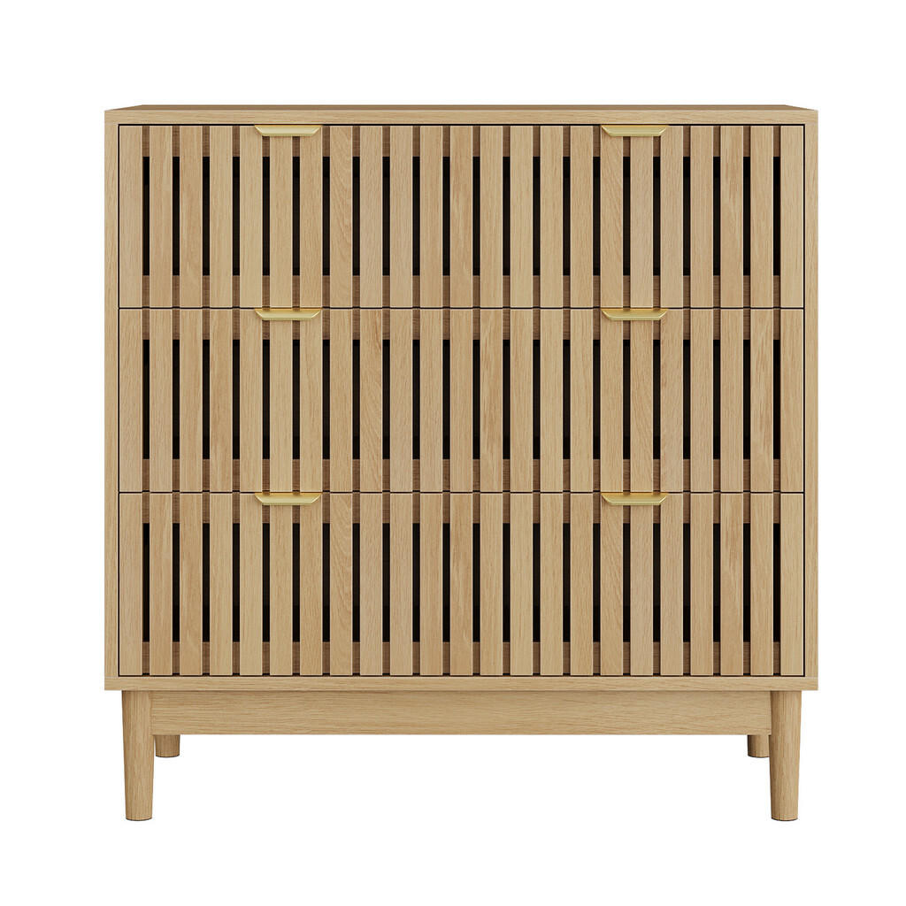 Urban Meuble SIDEBOARD dekor dub a lamelový design se 3 zásuvkami a zlatými úchytkami