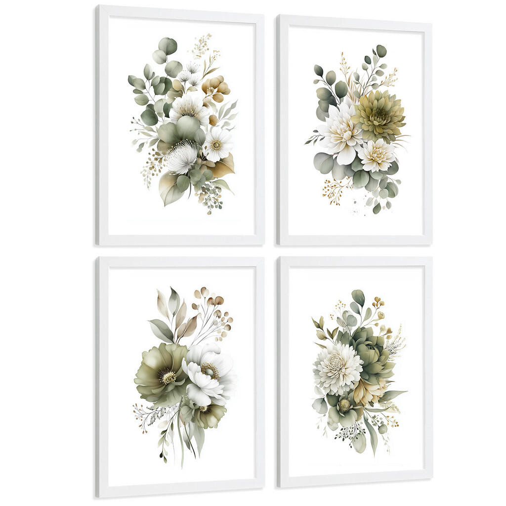 Nacnic PLAKAT Sada 4 boho botanických uměleckých tisků. Akvarelové květinové nástěnné umění. Velikost Bílý rám A4