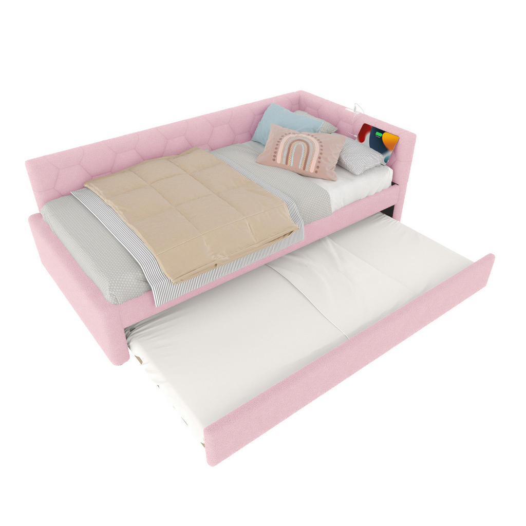 OKWISH DENNÍ postel 90/200 cm růžová z bouclé s výsuvným lůžkem USB a Type-C