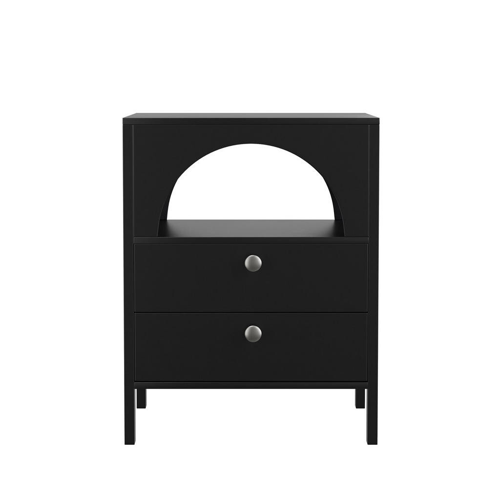 OKWISH NOČNÍ stolek 45/40/58 cm černý z MDF se dvěma zásuvkami a otevřenou přihrádkou