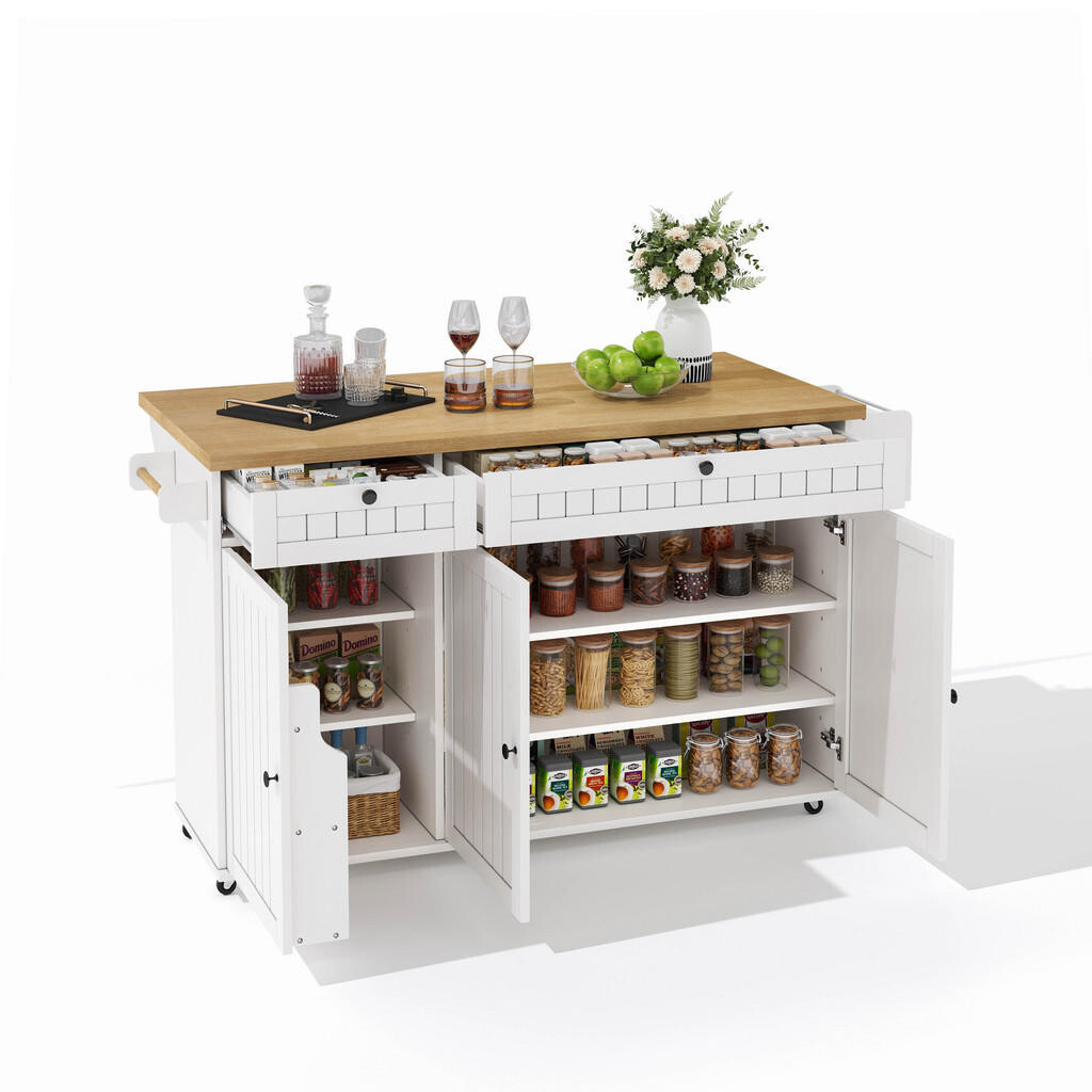 SHOPENTRA KUCHYŇSKÝ ostrůvek bílý 137x89,5x45 cm se skládací deskou a kolečky