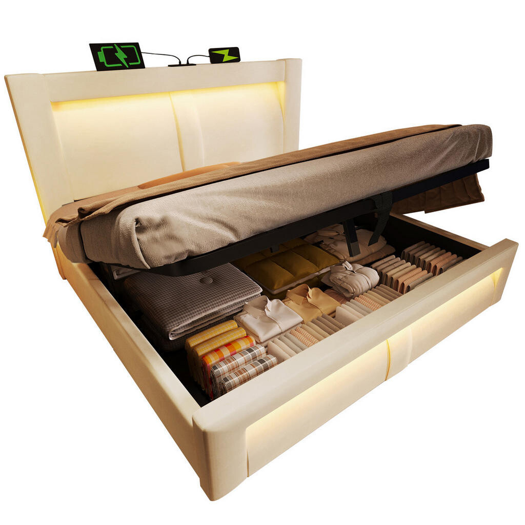 OKWISH DVOULŮŽKOVÁ postel 180/200 cm béžová ze sametu s LED osvětlením, USB a úložným prostorem